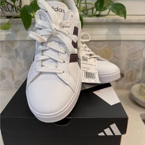 Adidas White Sneakers with Blackberry Stripes